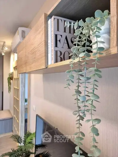 Modern living room with stylish wooden shelves and decorative plants