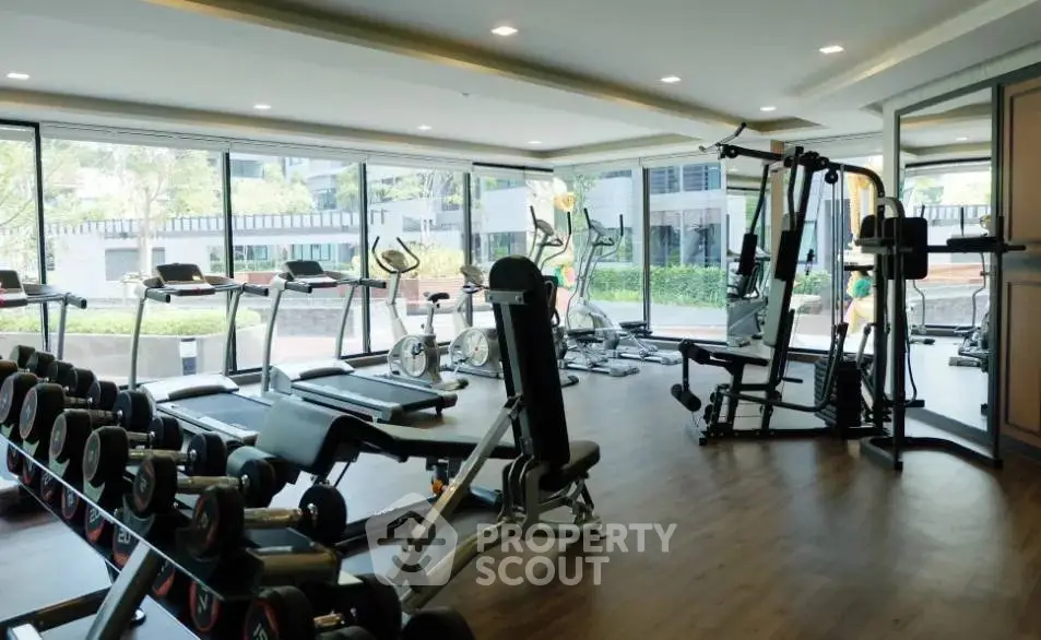 Spacious modern gym with state-of-the-art equipment and large windows offering garden views.