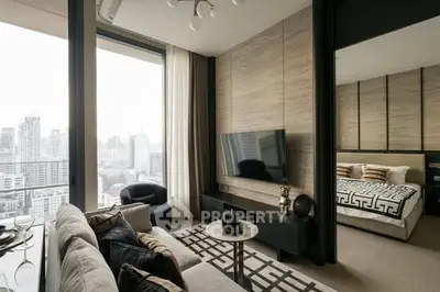Modern living room with city view and adjacent stylish bedroom in luxury apartment.