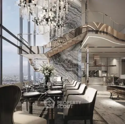 Luxurious modern living room with stunning city view and elegant interior design