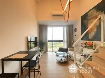 Modern loft living room with high ceiling and large window view