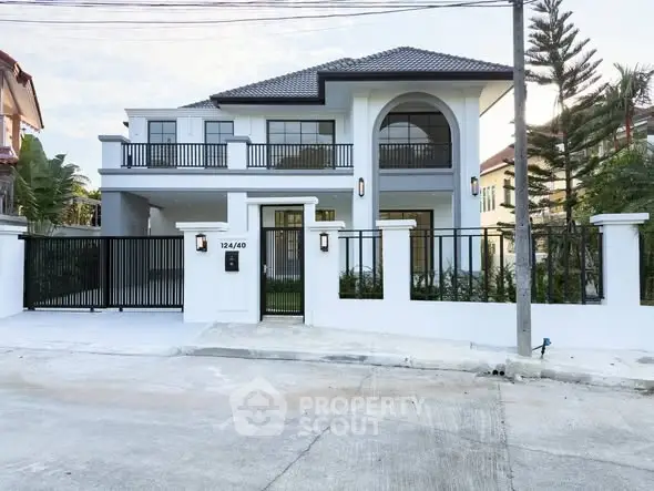 Stunning modern two-story house with elegant facade and spacious driveway in a serene neighborhood.