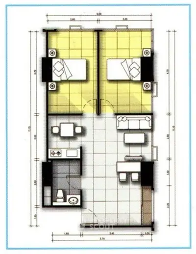 Modern apartment floor plan with two bedrooms, kitchen, and living area.