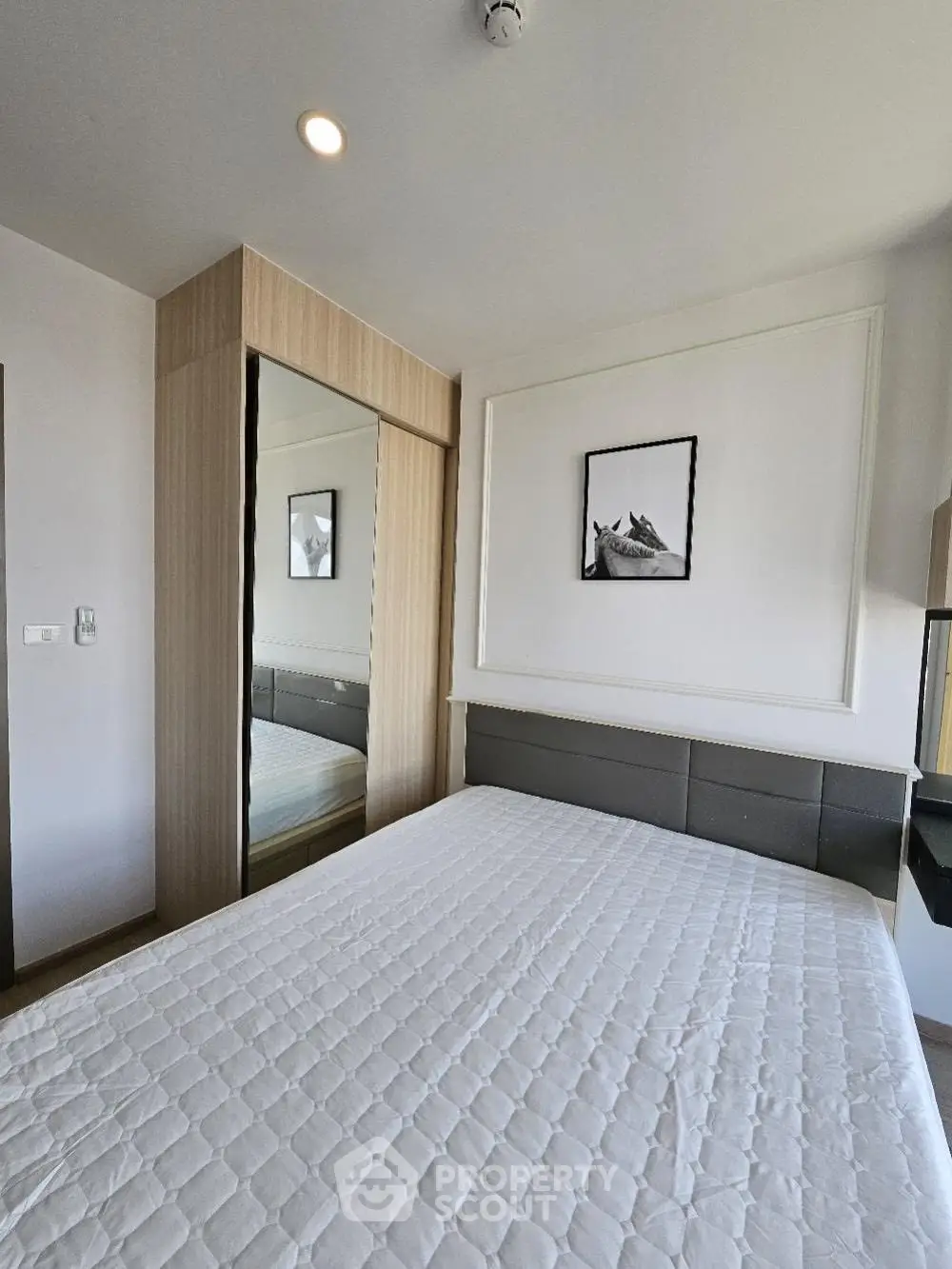 Modern bedroom with stylish decor and large mirrored wardrobe