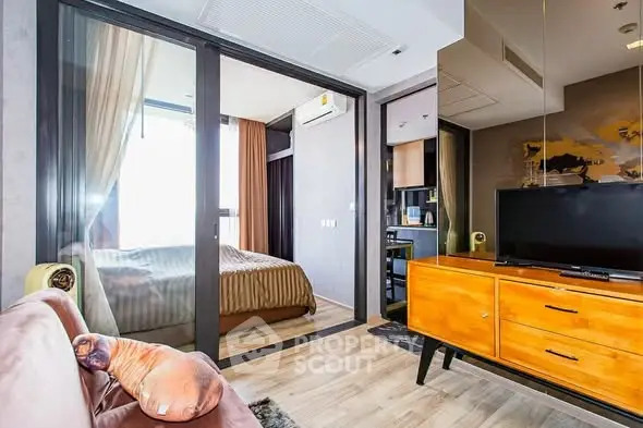 Modern apartment interior with cozy living room and stylish bedroom