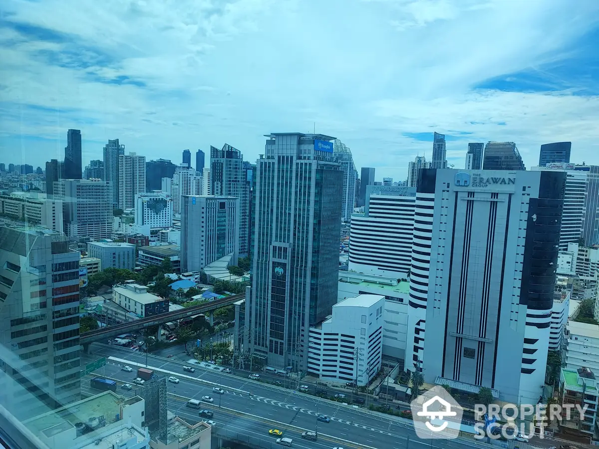 Captivating high-rise cityscape view from a modern urban apartment, showcasing a bustling metropolis with towering skyscrapers and busy streets, ideal for cosmopolitan living.