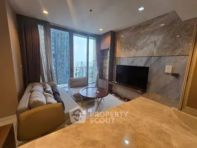 Luxurious living room with modern decor and stunning city view