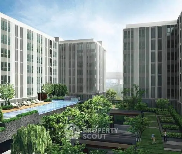 Luxurious modern apartment complex with lush gardens and a stunning pool area.