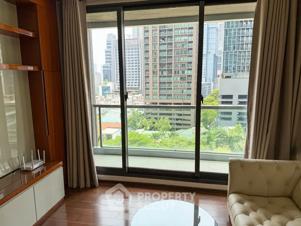 Luxurious living room with city view and spacious balcony in modern apartment