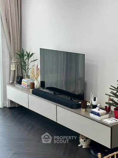 Modern living room with sleek TV setup and stylish decor