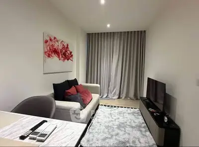 Modern living room with stylish decor and cozy seating area