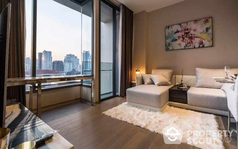 Luxurious living room with plush seating, elegant decor, and breathtaking cityscape views through floor-to-ceiling windows, perfect for urban living.