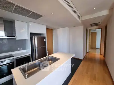 Modern kitchen with sleek appliances and island in a spacious apartment