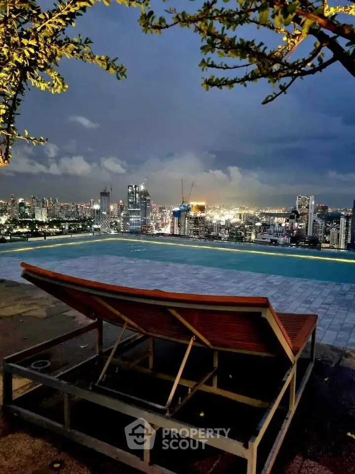 Stunning rooftop pool with breathtaking city skyline view at night.