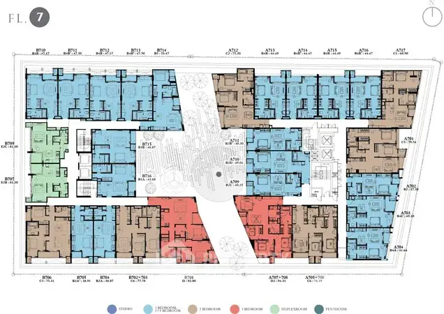 Detailed floor plan of a modern residential building with color-coded apartment layouts.