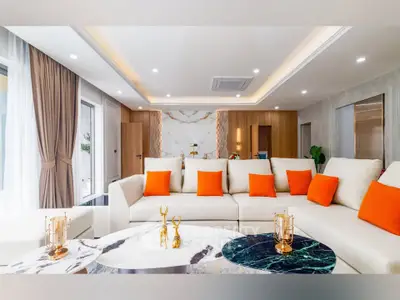 Luxurious modern living room with elegant decor and spacious seating area