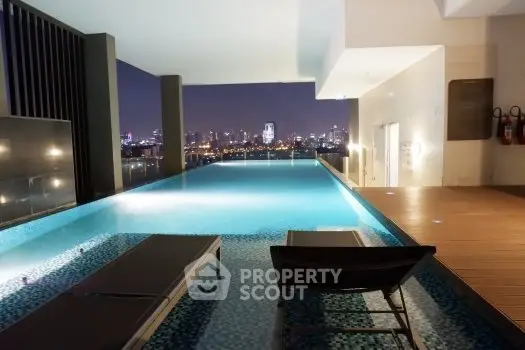 Luxurious rooftop pool with stunning city skyline view at night