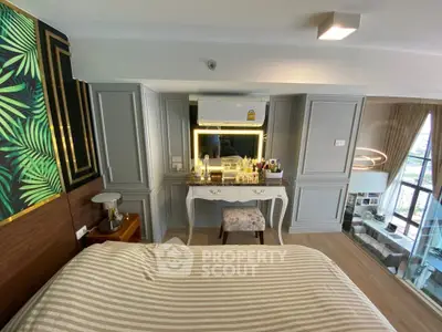 Luxurious bedroom with elegant decor and city view from balcony