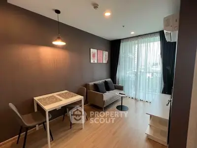 Modern living room with cozy sofa, dining table, and large window with city view.