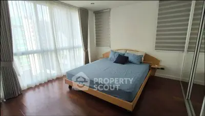 Spacious bedroom with large windows and modern decor