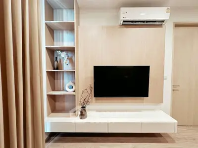 Modern living room with wall-mounted TV and stylish shelving