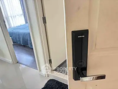 Modern apartment interior with digital door lock and glimpse of cozy bedroom.