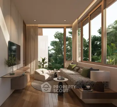 Luxurious modern living room with large windows and elegant decor