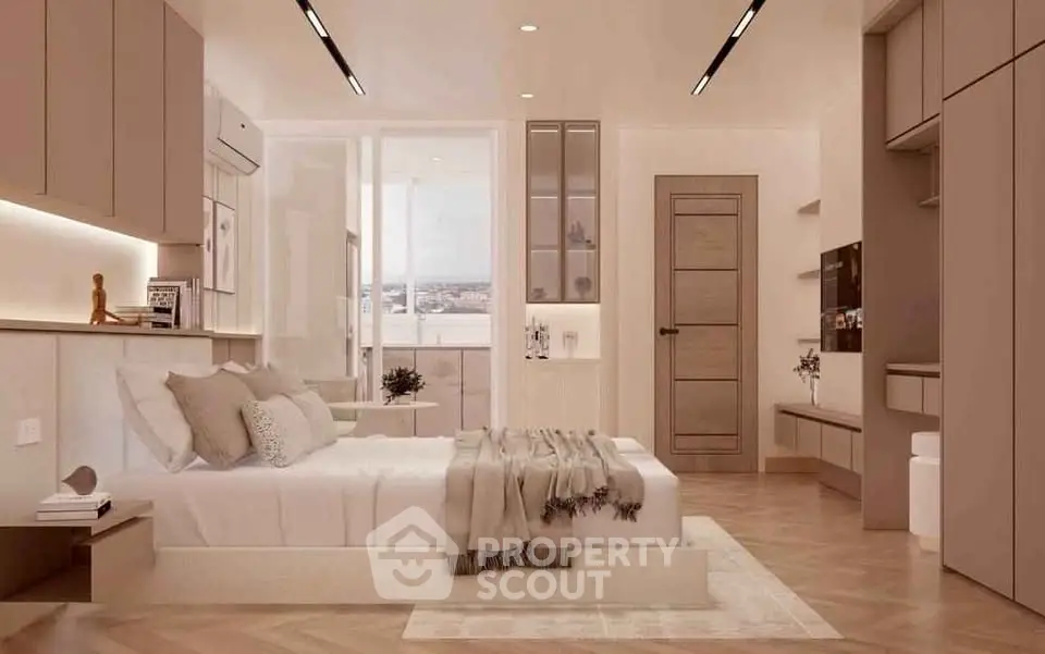 Luxurious modern bedroom with elegant decor and city view