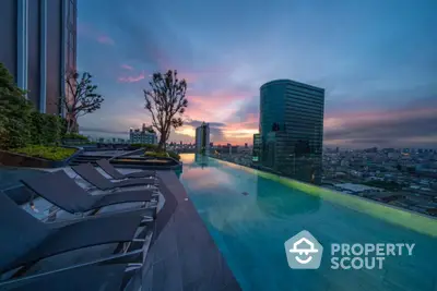 Luxurious rooftop infinity pool with stunning city skyline view at sunset.