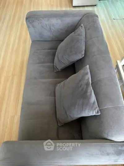 Modern gray sofa with plush cushions on wooden flooring, perfect for cozy living room setup.