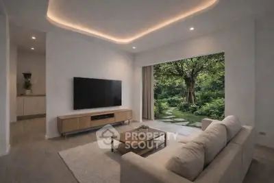 Modern living room with large TV and garden view, featuring sleek furniture and ambient lighting.