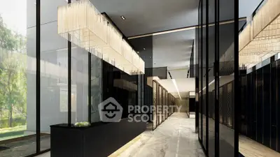 Luxurious modern building entrance with elegant lighting and marble flooring