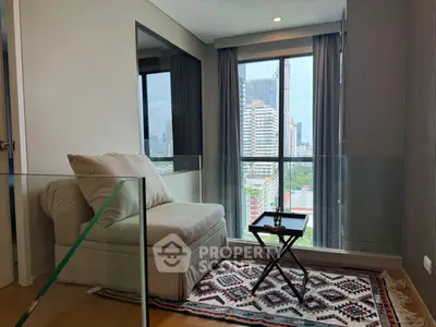 Chic urban living space with city view, cozy seating, and stylish decor in modern apartment.