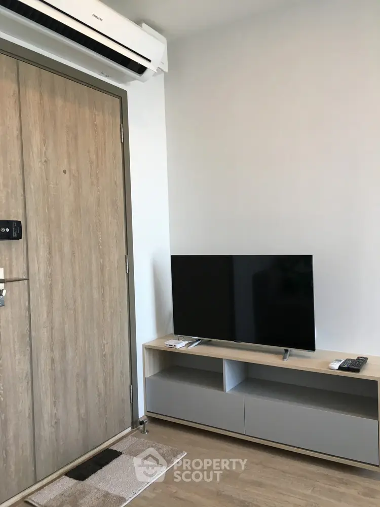 Modern living room with sleek TV setup and stylish wooden door