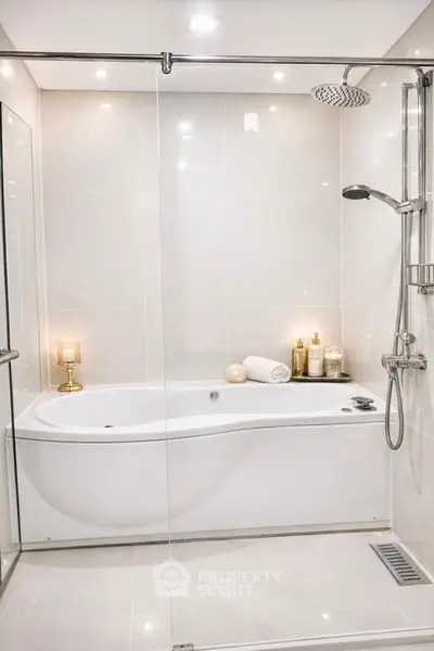 Luxurious bathroom with modern bathtub and elegant fixtures