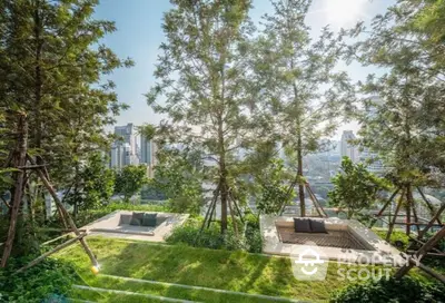 Lush private garden oasis with modern seating areas and a panoramic city view, nestled within a high-end residential property.