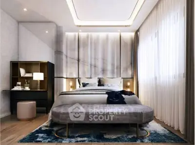 Luxurious modern bedroom with elegant decor and ambient lighting