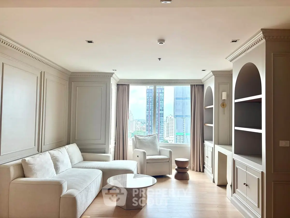 Luxurious living room with elegant white sofa and panoramic city view, perfect for modern urban living.