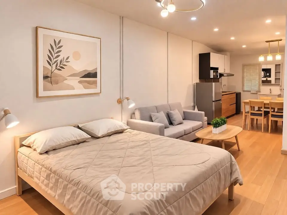 Modern open-plan studio with cozy living area and stylish kitchen