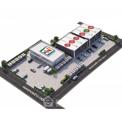 Aerial view of commercial property with parking and modern design in prime location.