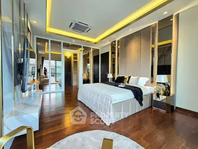 Luxurious modern bedroom with elegant decor and ambient lighting