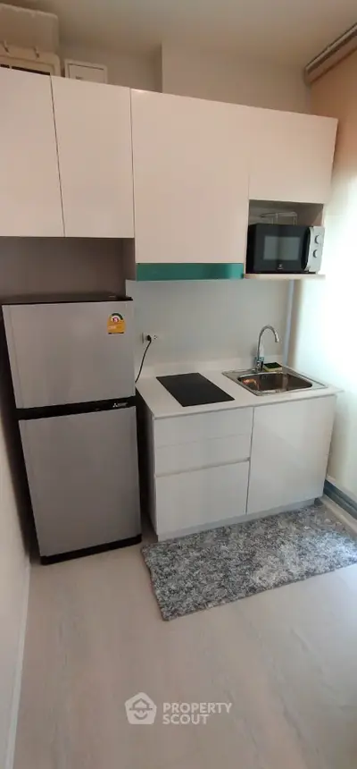Modern compact kitchen with sleek cabinets and appliances in a stylish apartment