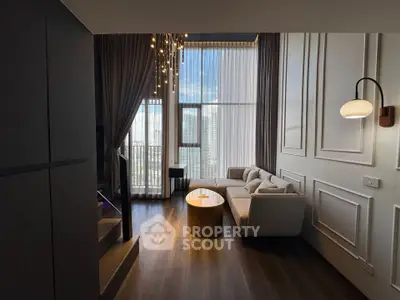 Luxurious living room with high ceilings and elegant decor, featuring a stunning city view.