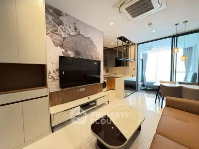 Modern living room with stylish decor and open layout in luxury apartment