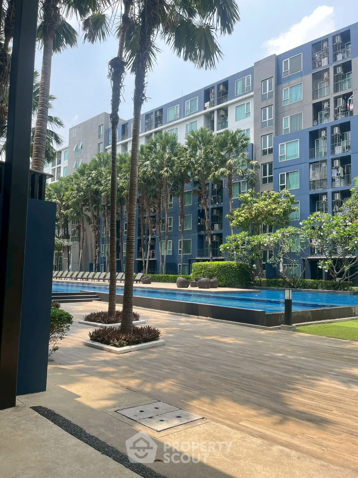 Modern apartment complex with pool and lush palm trees