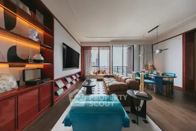 Luxurious living room with modern decor and stunning city view