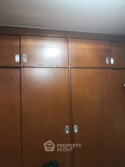 Spacious wooden wardrobe with sleek handles in a modern bedroom setting.