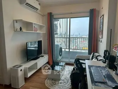 Modern living room with balcony view, featuring sleek furniture and air conditioning.