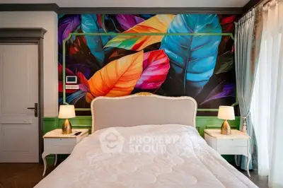 Vibrant bedroom with colorful leaf mural and elegant decor