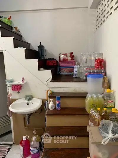 Compact storage area under staircase with sink and household items.